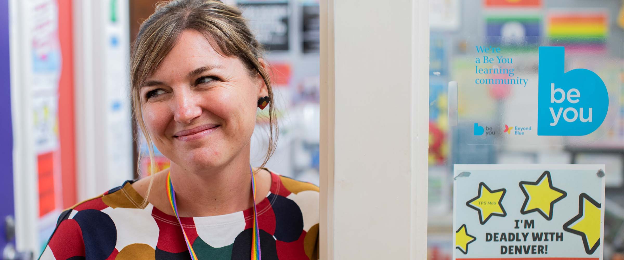 Classroom teacher introducing the Be You framework to students with an engaging slideshow.