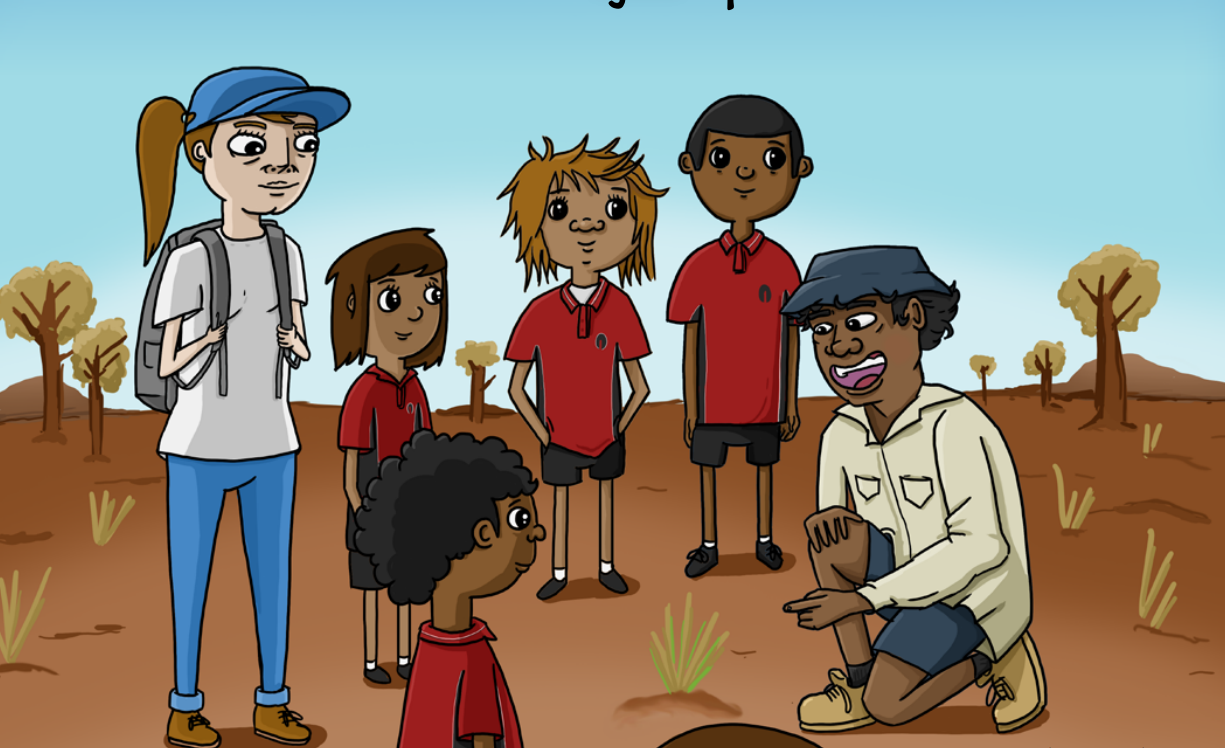 An illustration of a First Nations ranger sharing how to care for Country with a group of school children.
