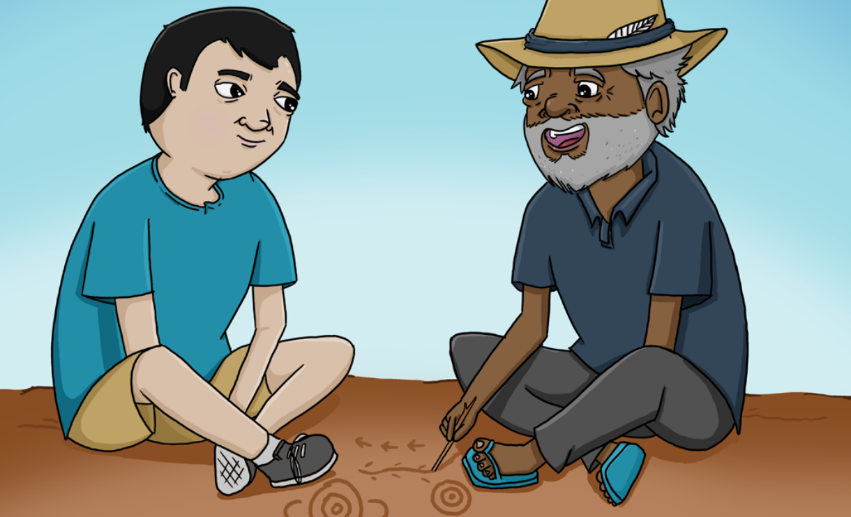 An illustration of an educator seated on the ground and talking to a First Nations Elder.